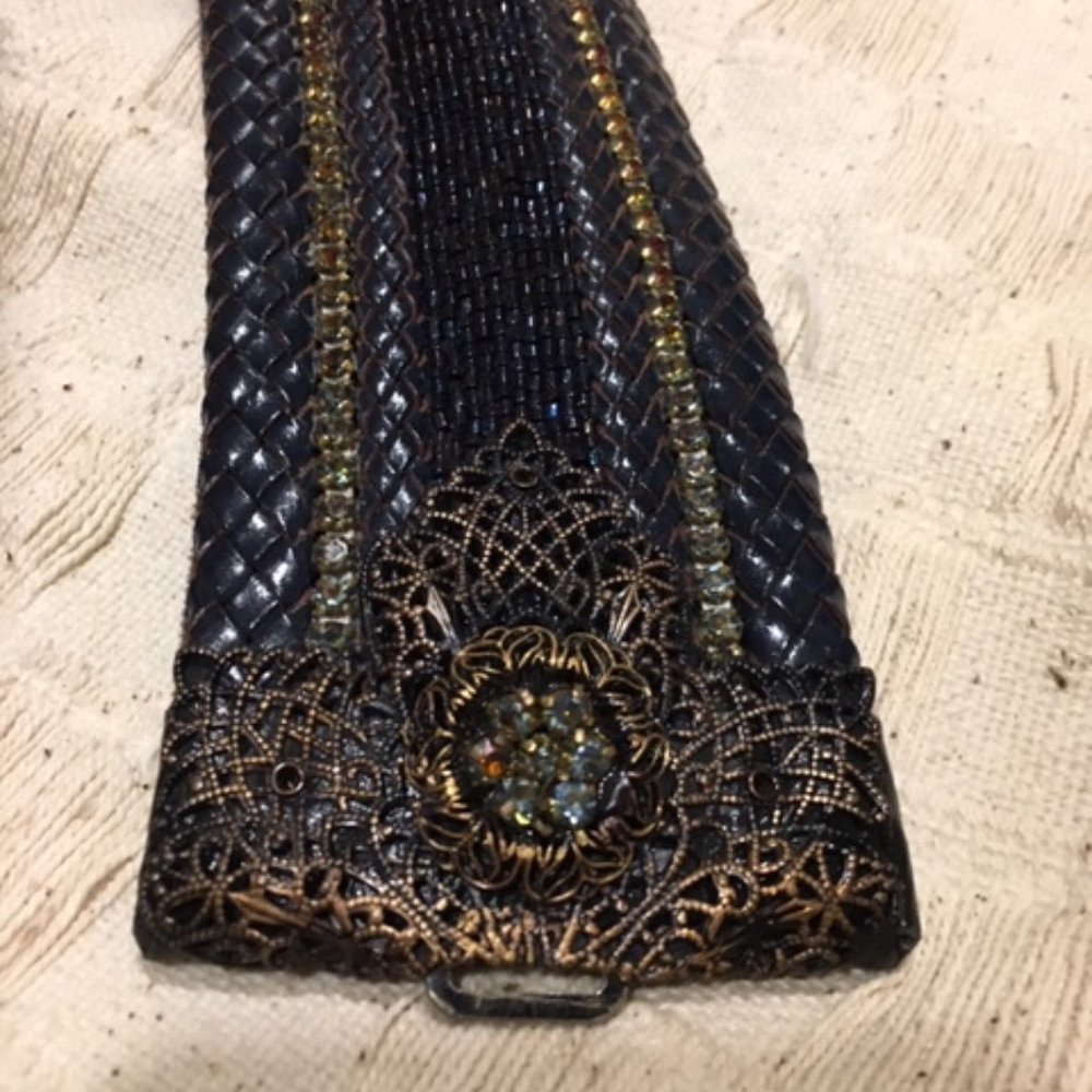 Barrera Beaded Rhinestones Wide Braided Leather BOHO Waist Belt Navy 30" - Picture 11 of 15